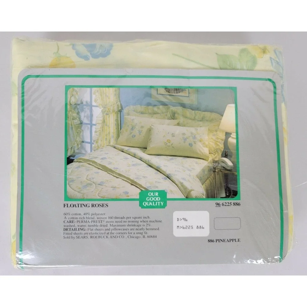 Vintage NIP‎ Sears Twin Sheet Set Yellow Floating Roses Cotton Blend